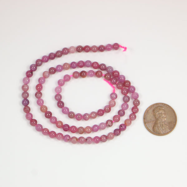 Ruby, Natural Smooth Round Beads, 4mm Diameter on 16-inch strands
