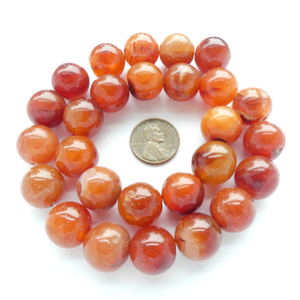 Carnelian, Round, 15mm Beads, Vintage Handcarved & Polished, on 15-inch Strand
