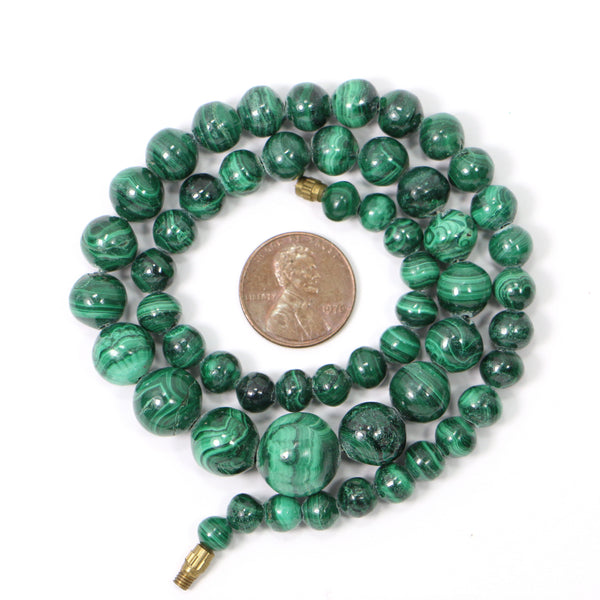Malachite, Round Beads Graduated 5 to 13mm on 16-inch Strand