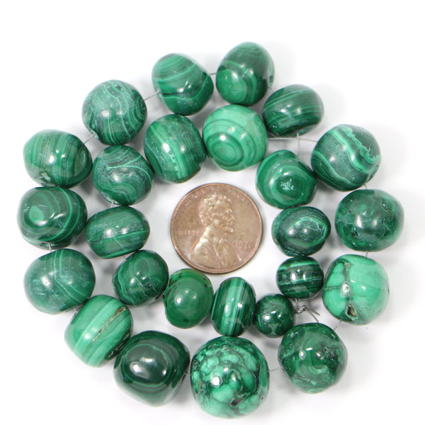 Malachite, Rounded Beads on Strung in Graduated sets of 25 beads, 10-17mm Diameter