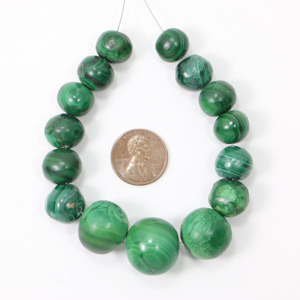 Malachite, Freeform Round Beads 10 to 18mm Diameter, Semi-Matte, Set of 15