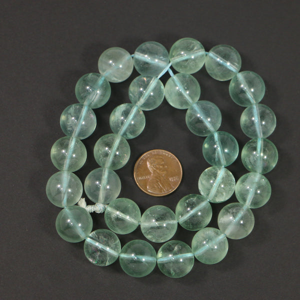 Fluorite, Round 14mm Diameter, Rare Large Size All Aqua Color, 16-inch Strand