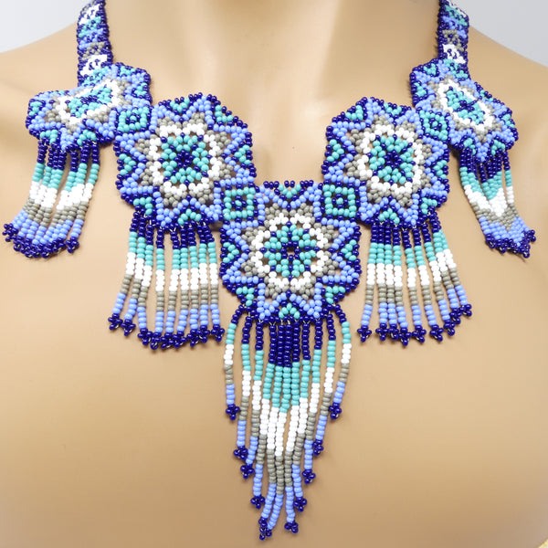 Mandala Necklaces with Fringes, Turquoise, Blue-Grey with White & Black, 22 inches