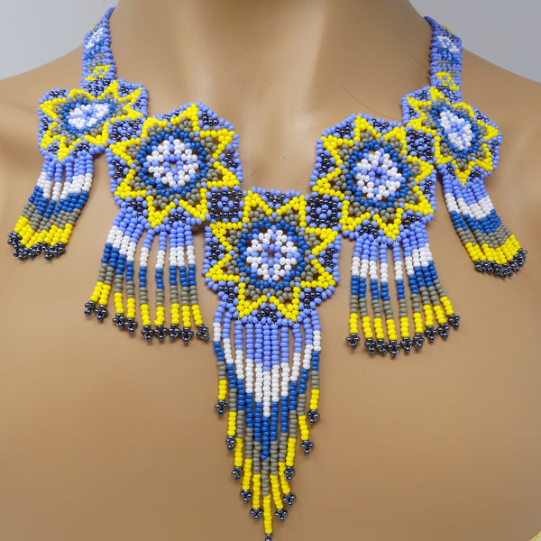 Mandala Necklace with Fringes, Two Blues, Yellow & White, 22 inches long