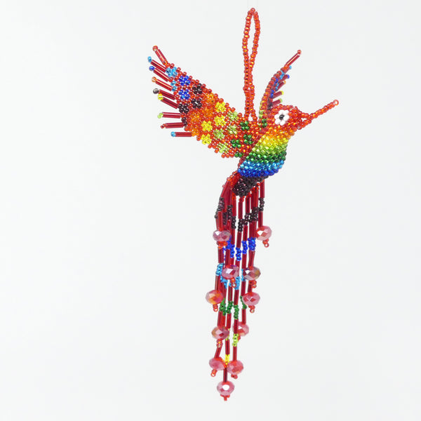 Hummingbird Ornament, Red and Rainbow, About 7 inches long