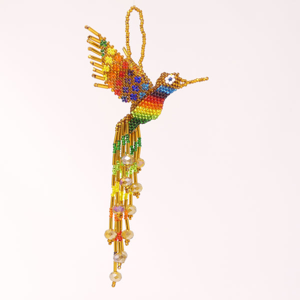 Ornaments, Hummingbirds, Dark Gold and Rainbow, 7 inches long