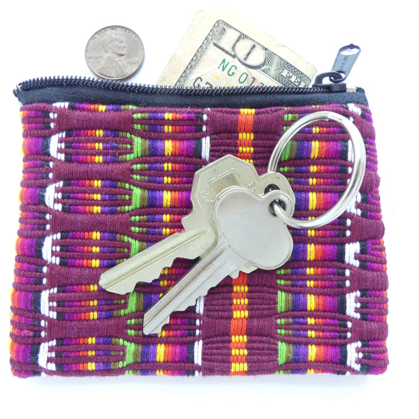 Coin/Earbuds Pouch, Handwoven Cotton, Burgundy wiith Multi-color, 4x3 inches