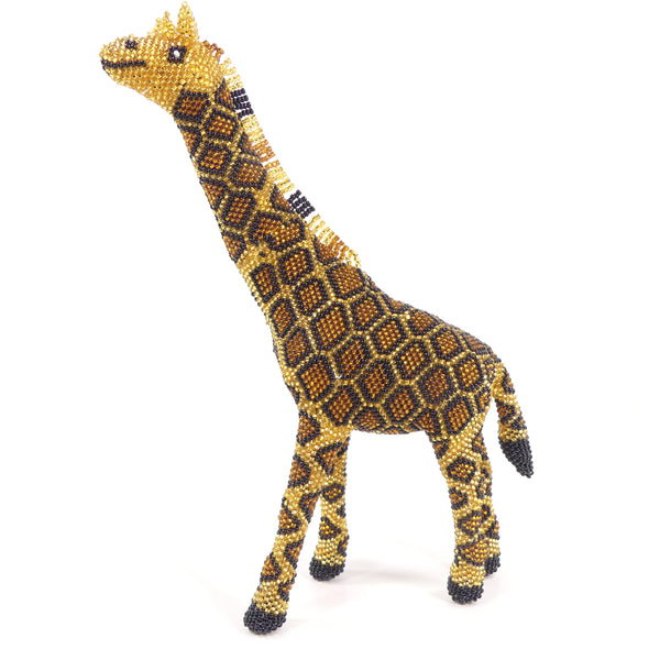 Beded Animals, Giraffe Silver-lined Gold, Amber, and Black Seed Beads, 8.5 inches Tall