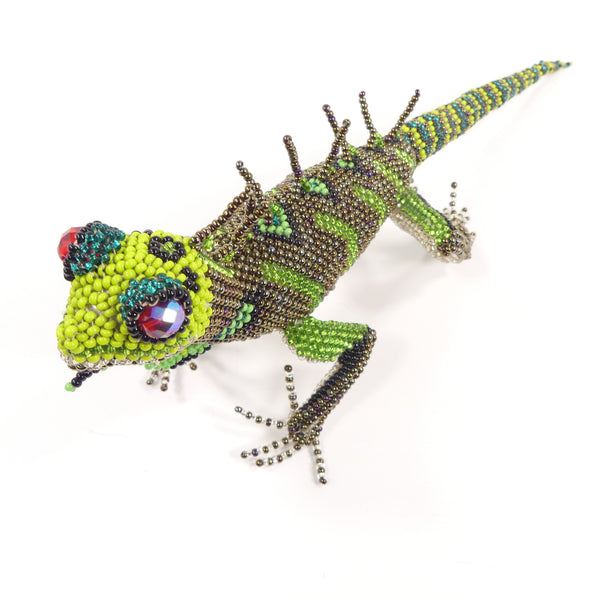 Beaded Animals, Iguana in Bronze and Green Seed Beads with Silvery Belly, 11 inches Long