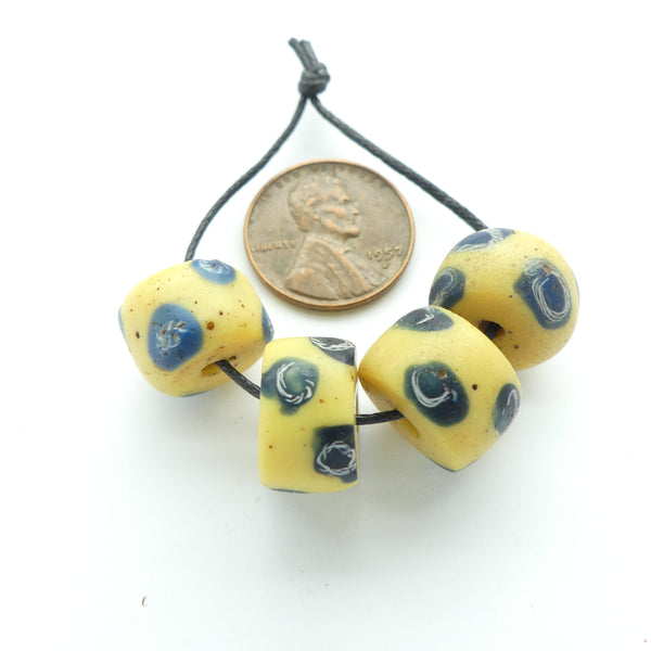 Lampwork, Antique Venetian, Yellow with Blue and White, Set of 4