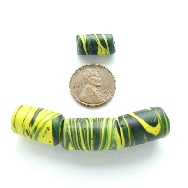 Lampworked, Antique Venetian, Yellow and Green Swirl Beads, 20x11mm Set of 4