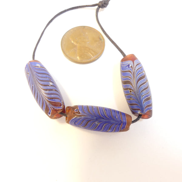 Antique Venetian Lampork, Classic Red, White & Blue Feather Beads w/ Dominant Blue, Set of 3