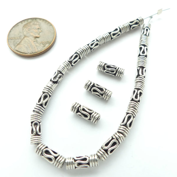 Indian Silver, Mini Tube Beads With Wavy Wirework, 9x3mm, Sold Individually