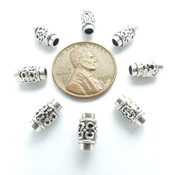 Indian Silver, Mini Tube Beads with Applied Designs, 10x4mm, Sold Individually