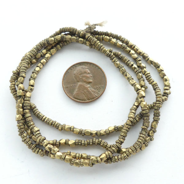Brass, Mixed Shapes of Tiny Indian Brass Beads, 1-2mm on 26-inch strand