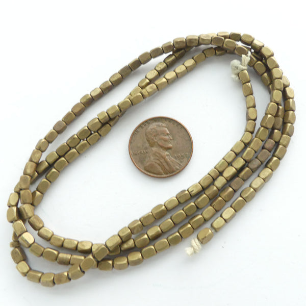 Brass, Mini Brick Shape Beads 4x3x3mm on Long 28-inch Strand