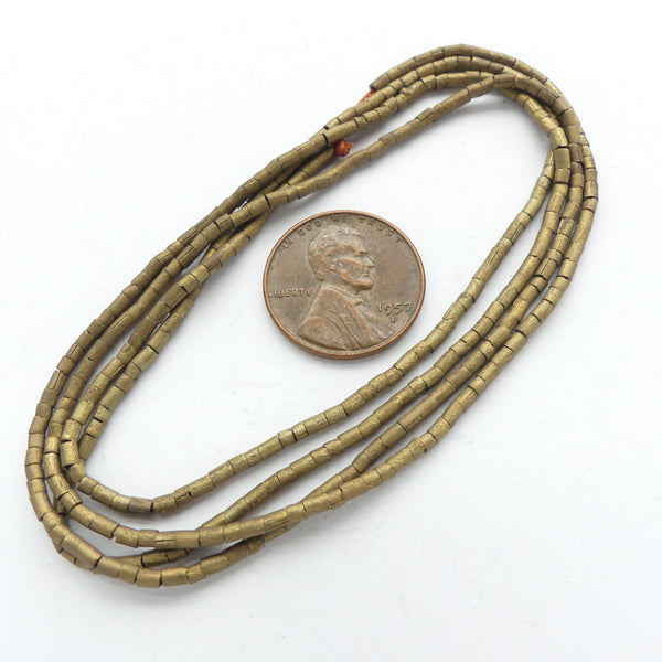 Brass, Tiny Tubular Beads, 3x1mm on 28-inch Strands