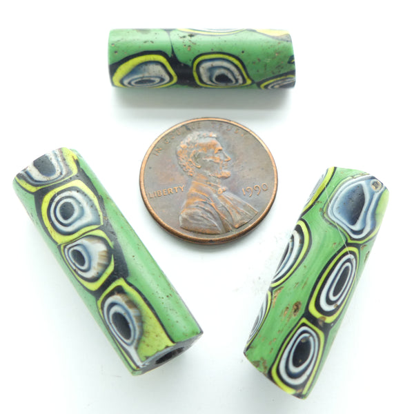 Millefiori Trade Beads, Rare Combo of Green, Lime, White & Black, Set of 3 Beads