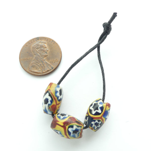 Millefiori Antique Venetian Trade Beads, Mini Olive Shapes with Blue/White Stars, Set of 3