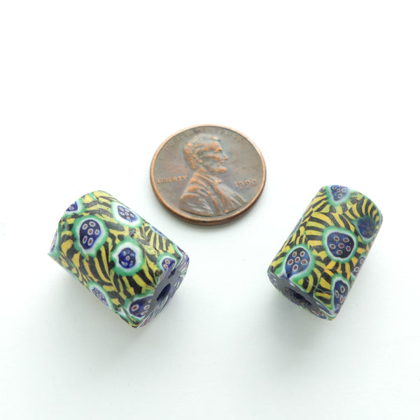 Millefiori Trade Beads, Sophisticated Cased Canes with Stripes, Green/Blue/Amber, Set of 2