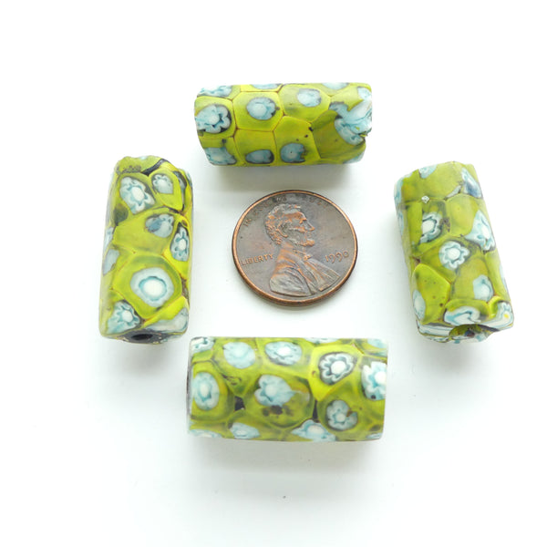 Millefiori Trade Beads, Fresh Spring Lime & Turquoise Flowers 26x12mm Sold Individually