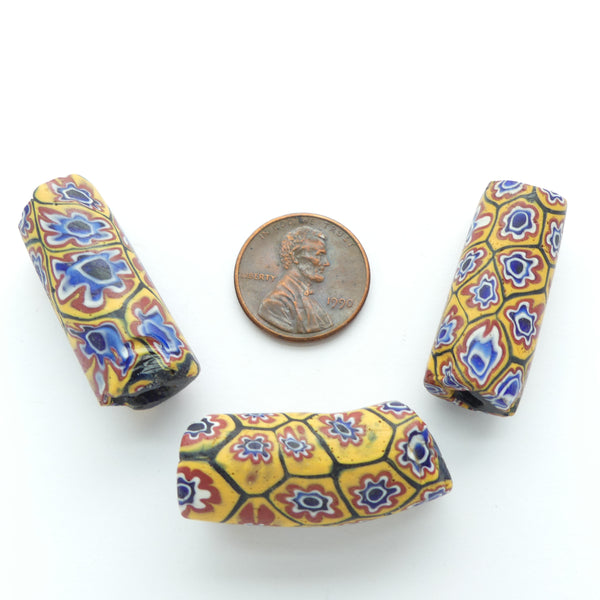 Millefiori Antique Venetian Trade Beads, Amber with 6-Layer Flower Murrine, Set of 3