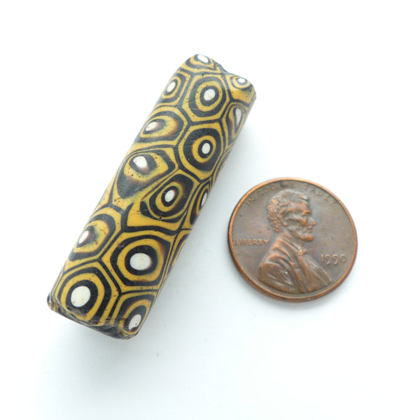 Millefiori Trade Beads, Special Extra Long Black, Amber & White, 40x12mm