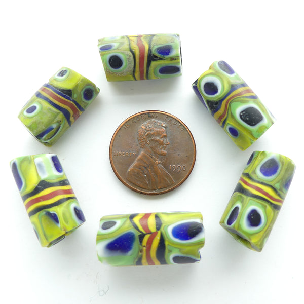 Millefiori Antique Venetian Trade Beads, Blue Green Eye Murrine with Red & Yellow Band, Sold Individually
