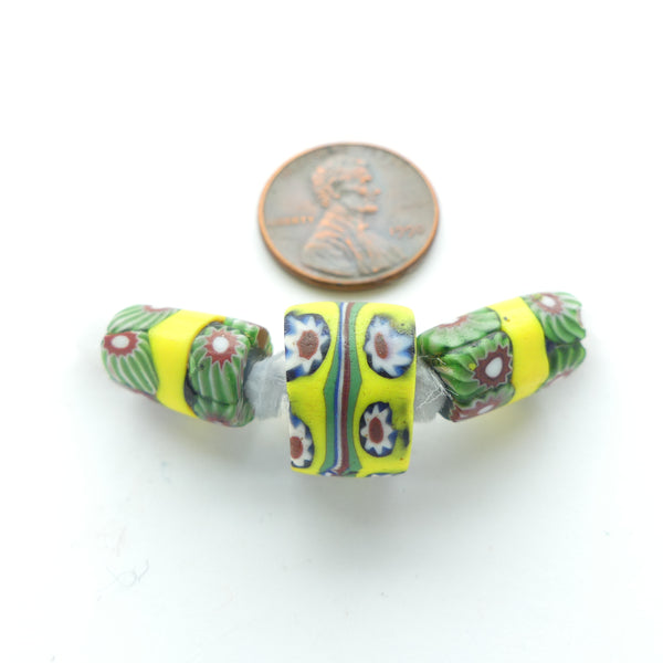 Millefiori Antique Venetian Trade Beads, Yellow with Green Chevron Canes, Set of 3