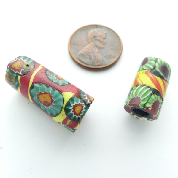 Millefiori Antique Venetian Trade Beads, Red & Yellow With Green Chevrons, Set of 2