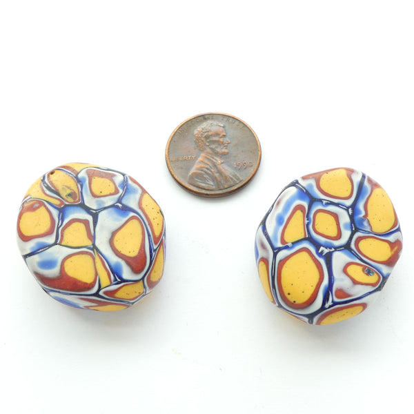 Millefiori Antique Trade Beads, Rare Tabular Shape Amber/Red/Blue/White, 23x29mm Sold Individually