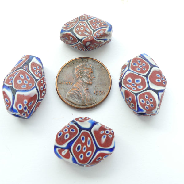 Millefiori Antique Trade Beads, Small Diamond Shape Tabular Brick, White, Blue, Set of 4