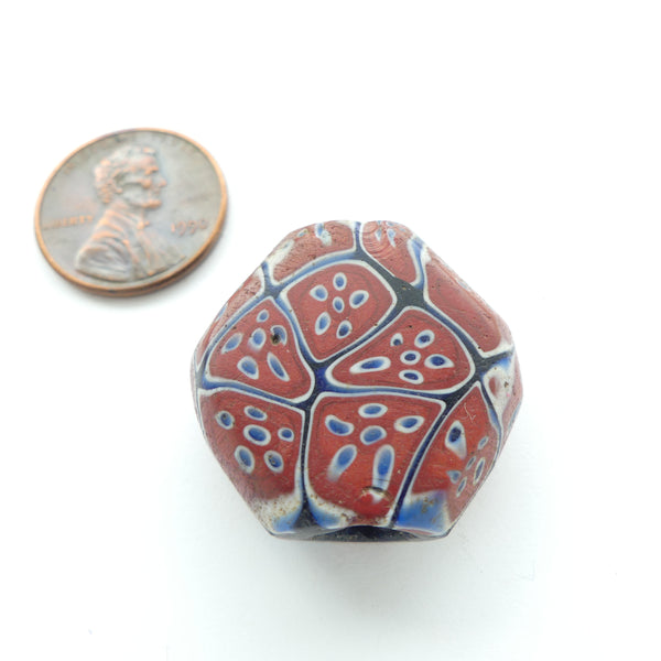 Millefiori Trade Beads, Tabular Brick Red, Blue & White, 25x26mm