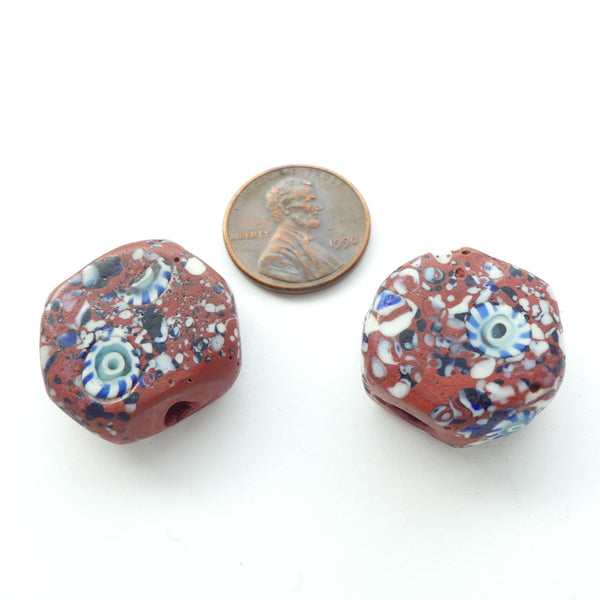 Millefiori Antique Trade Beads, Brown with White & Turquoise 22x22mm, Sold Individually