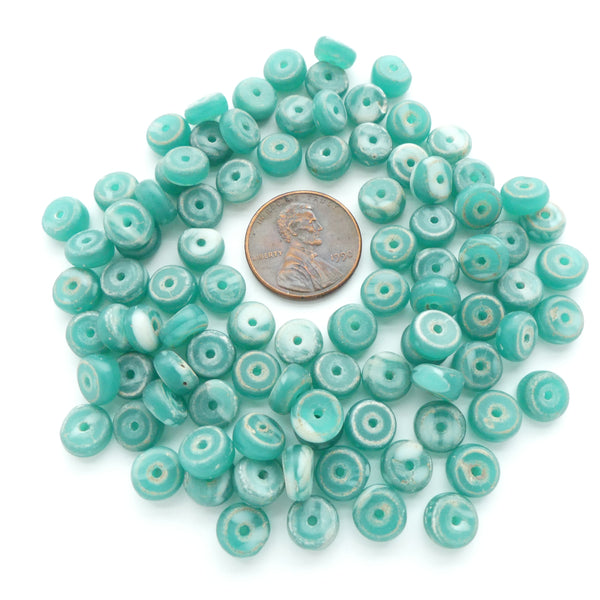 Glass Slices, Vintage Bohemian, Green & White, 3x8mm, Sold in Sets of 20 Beads