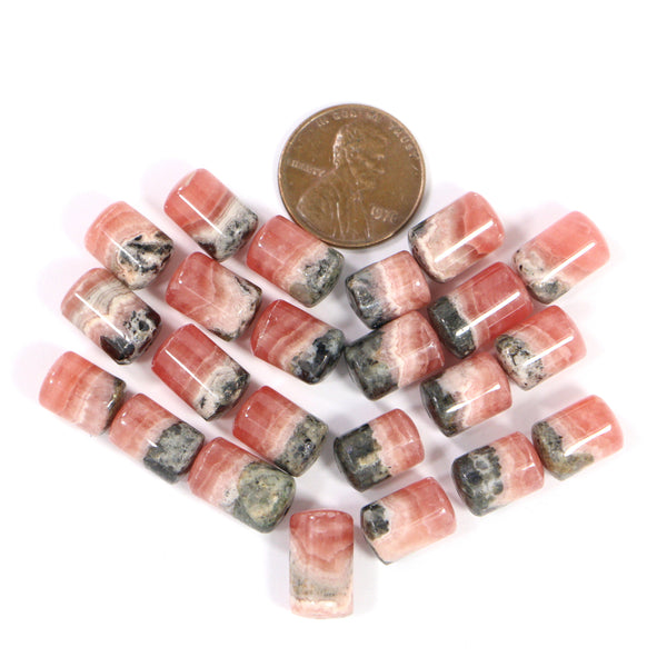 Rhodochrosite, Short Cylinders 12x8mm, Pink & Black, Sold in Pairs