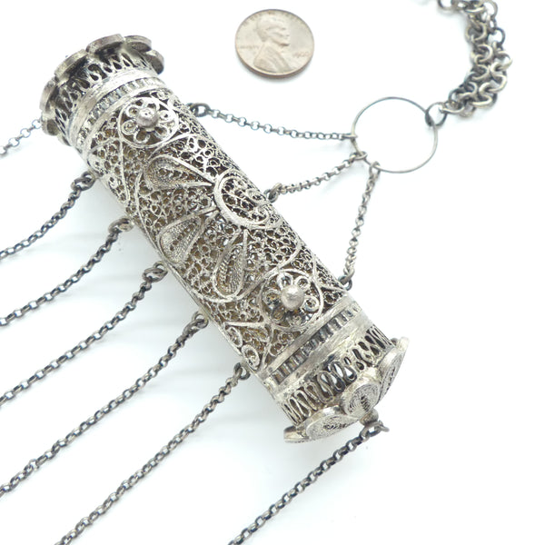Moroccan Silver Amulet, Filigree Cylinder 1 inch Diamter by 3.5 inches Long