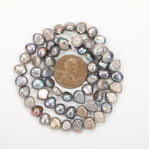 Pearls, Peacock, Irregular Button Shape 6x8mm on 14 1/2-inch Strand