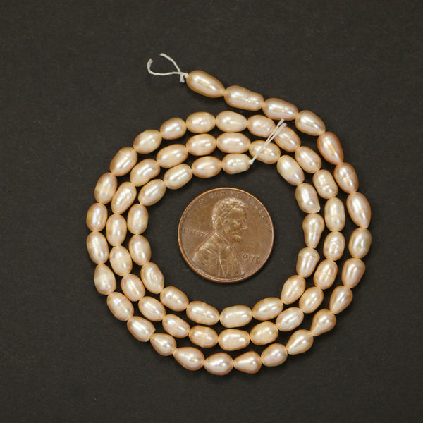 Pearls, Pink, Rice Shape, 6x4mm on 16-inch Strand