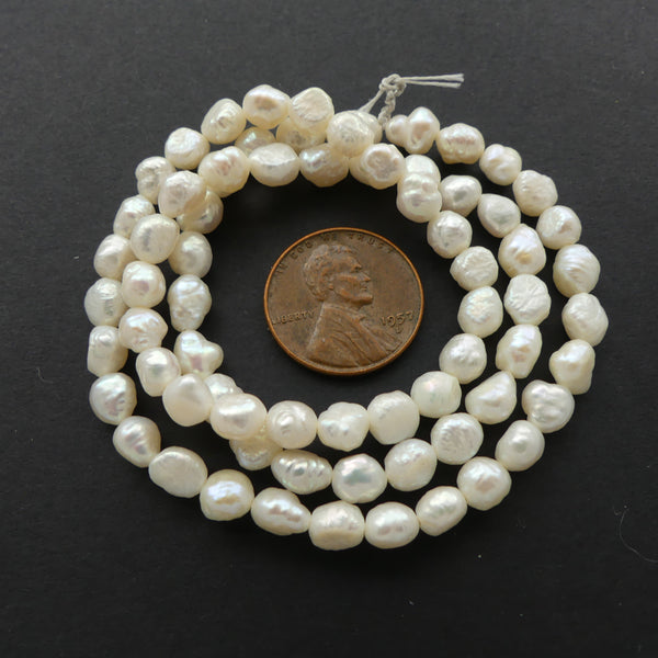 Pearls, White, Baroque 5x5mm on 16-inch Strands