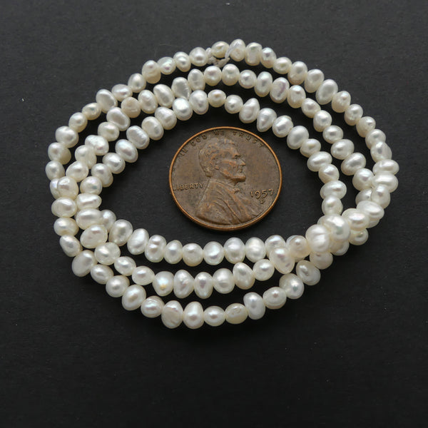 Pearls, White, Egg Shape Mini, 3x4, on 16-inch Strands