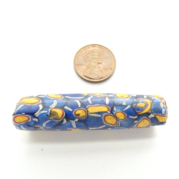 Millefiori Antique Venetian Trade Bead, Blue, Amber & Brick, 54x13mm
