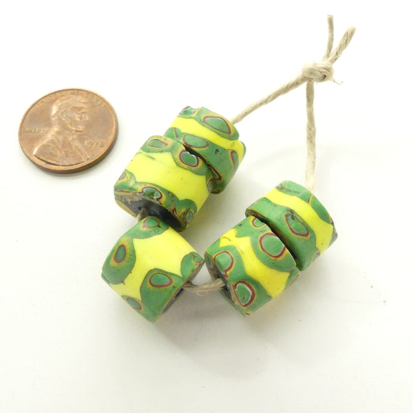 Millefiori Antique Venetian Trade Beads, Set of 5 Green & Yellow Beads, Avg 11x12mm