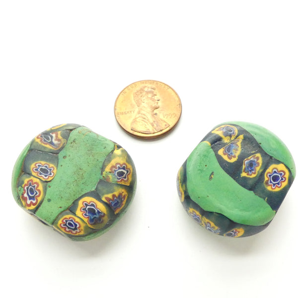 Millefiori, Tabular Green, Antique Venetian Trade Beads, 24x30, Set of 2