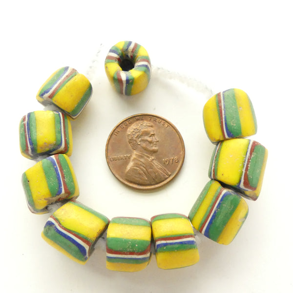 Antique Venetian Trade Beads,Yellow with Striped Canes Applied, Sold in Sets of 3
