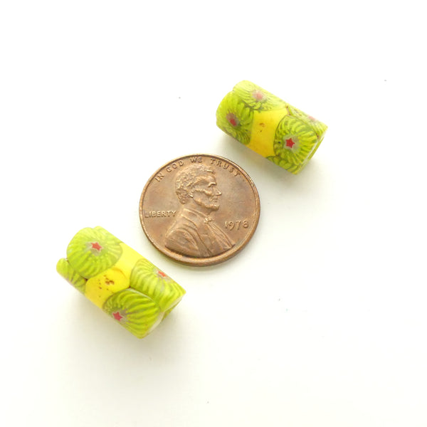 Millefiori Antique Venetian Trade Beads, Rare Lime/Yellow/Clear w/ Red Star, 15x9mm, Sets of 2