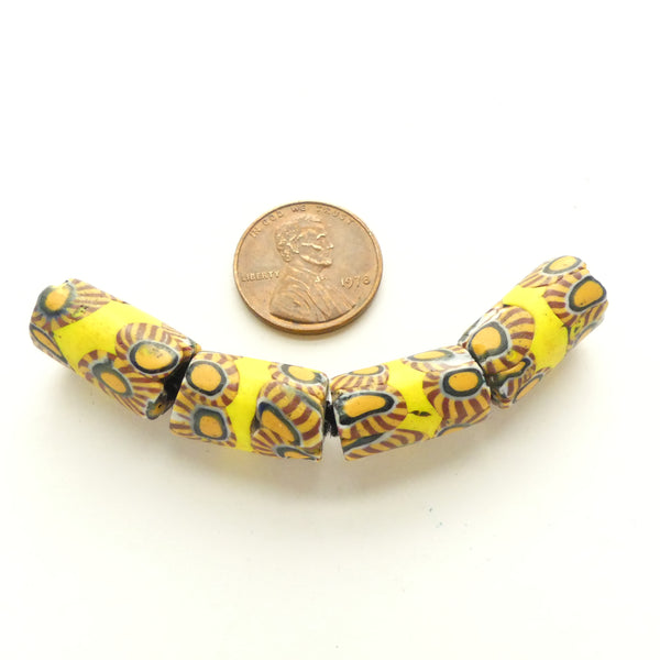 Millefiori Antique Venetian Trade Beads, Brown, Amber, and Blue with Yellow, 19x9mm