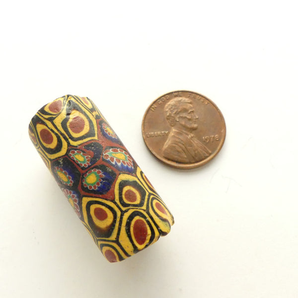 Millefiori, Antique Venetian Trade Bead, Short, Stout, Black, Red, Amber, 30x14mm