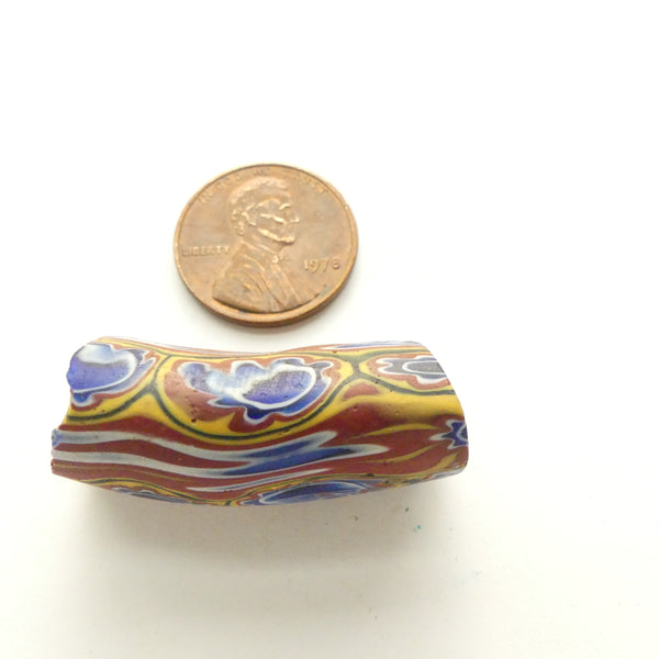 Millefiori Antique Venetian Trade Bead, Brick, Amber & Blue Elbow Fragment, 30x12mm