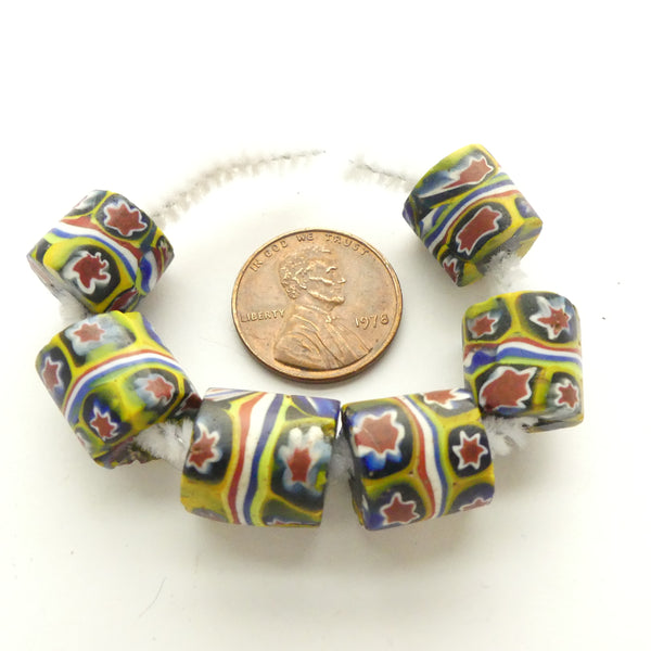 Millefiori Antique Venetian Trade Beads, Short Cylinders with Flowers, 12x12mm, Sold Individually